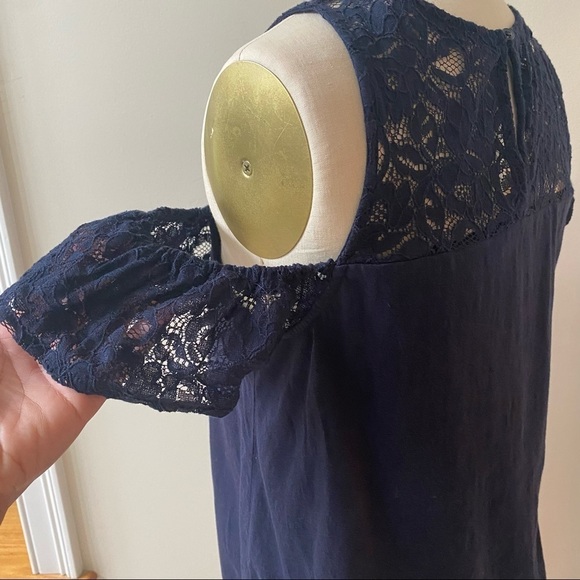 LOFT Off the Shoulder Lace Top Navy Medium - Picture 2 of 6